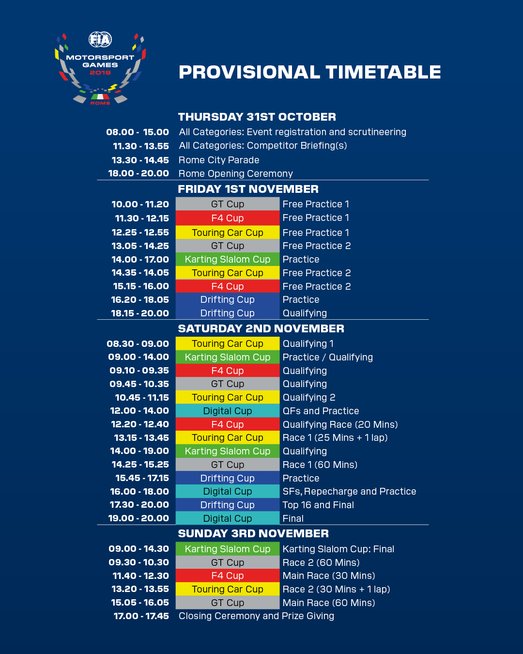 Fia games provisional timetable time and cup