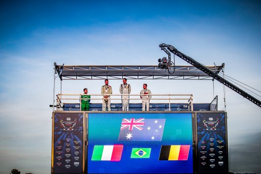 #32 - Belgium - Dries Vanthoor  - Audi R8 LMS, #4 - Australia - Matt Campbell  - Porsche 911 GT3 R, #63 - Italy - Mirko Bortolotti  - Lamborghini Huracan GT3 EVO, GT Sprint Cup, Podium
